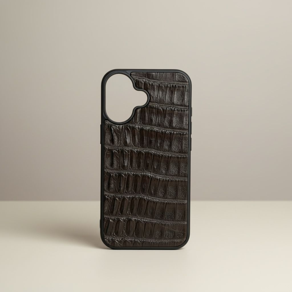 Funda De Piel De Cocodrilo Café Exclusiva Para iPhone 17