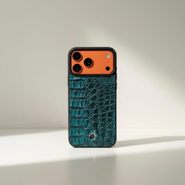 Funda De Piel De Cocodrilo Azul Verdoso Exclusiva Para iPhone 17 Pro Max