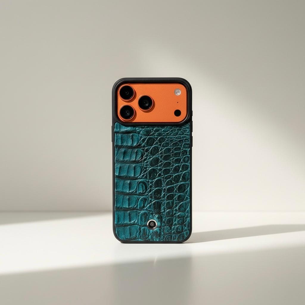Funda De Piel De Cocodrilo Azul Verdoso Exclusiva Para iPhone 17 Pro Max