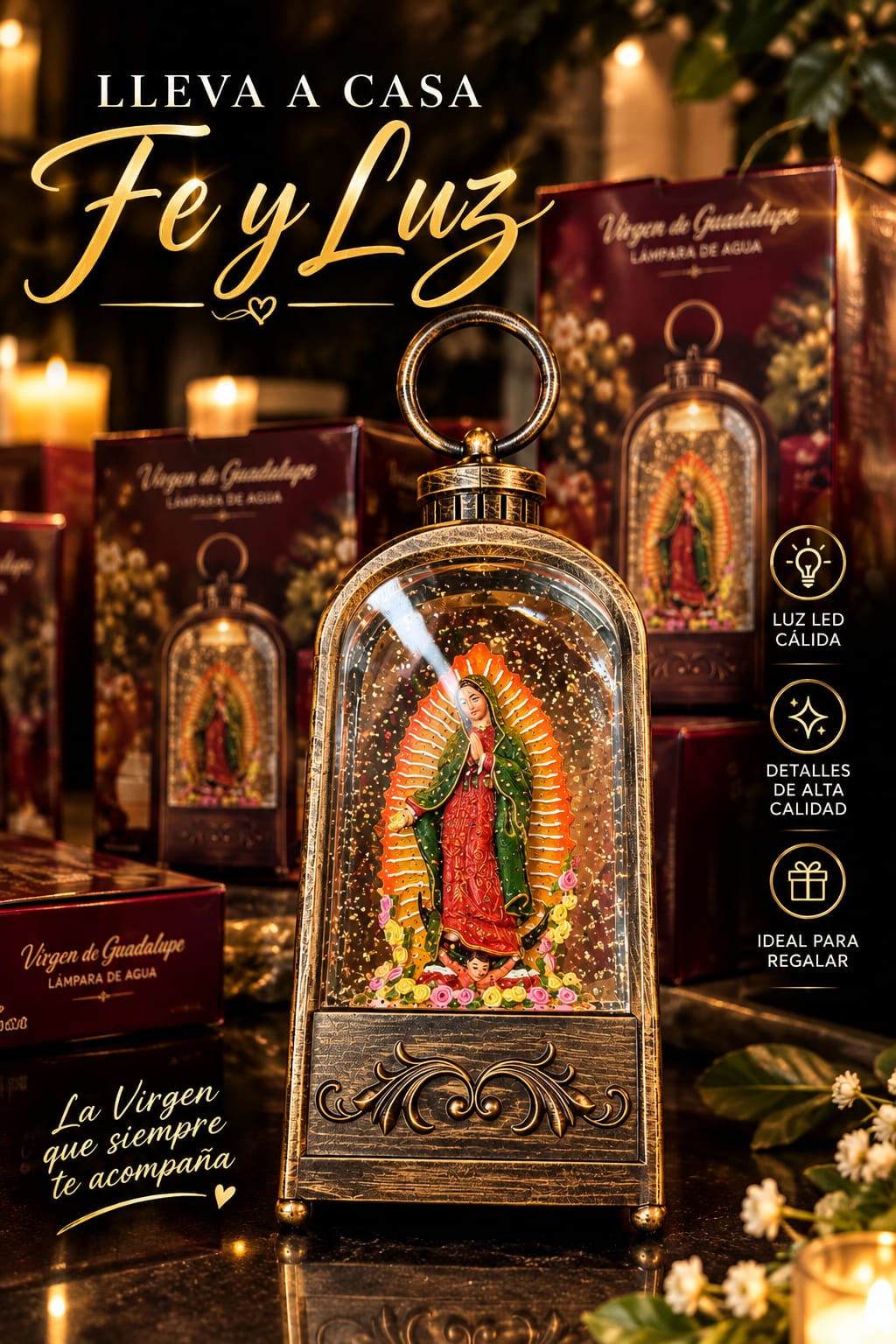 Caja de Lampara La Guadalupana Brillante de Agua 12 Piezas